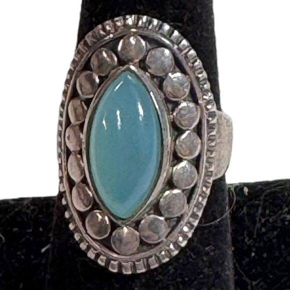 Vintage Sterling Silver Oval Turquoise Ring Beaded Statement Size 7.5 Southwest - Picture 1 of 6